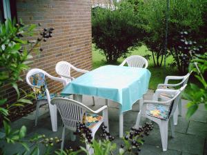 una mesa y sillas con un mantel azul en el patio en Komfortable Ferienwohnung am Ditzumer Sieltief, 45019, en Jemgum