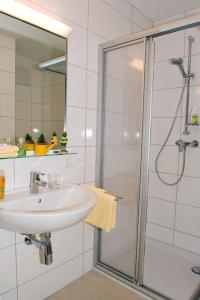 a bathroom with a sink and a shower at Ferienwohnungen - Boarding Wohnungen Sonnenhof in Lenzing