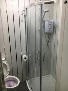 a shower stall in a bathroom with a toilet at Ardern Hotel in Blackpool