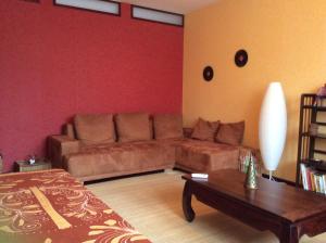 ein Wohnzimmer mit einem Sofa und einem Couchtisch in der Unterkunft Beautiful, exotic 2 room flat with balcony and air-con in Komárom in Komárom