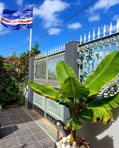 una bandera ondeando junto a una valla blanca y una planta en B&B "Villa Alegria", Tarrafal en Tarrafal