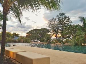 a swimming pool in a resort with a palm tree at By The Sea Duplex Condo in Batu Ferringhi