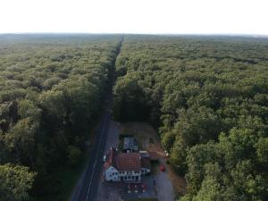 an aerial view of a house in the middle of a forest at le rond gardien in Isle-et-Bardais