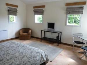 Schlafzimmer mit einem Bett, einem Tisch und einem TV in der Unterkunft Domaine du Chêne Crucy in Liré