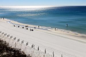 Wyndham Garden Fort Walton Beach Destin في شاطئ فورت والتون: مجموعة من الناس على شاطئ مع المحيط