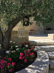 a bird cage hanging from a tree next to flowers at La Tour de Ginaillac in Les Arques