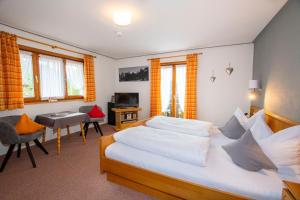 Schlafzimmer mit einem Bett, einem Schreibtisch und einem TV in der Unterkunft Gästehaus Christa in Obermaiselstein