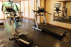 een fitnessruimte met 2 loopbanden en een loopband bij Hotel Matsubara in Campos do Jordão