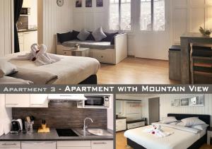 two pictures of a room with two beds and a kitchen at Chalet Maria Interlaken in Interlaken