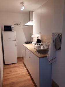 a small kitchen with a sink and a refrigerator at Apartman ANA in Slavonski Brod