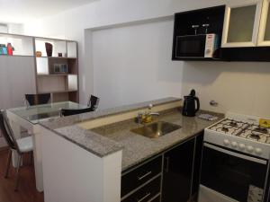 Una pequeña cocina con fregadero y estufa. en San Lorenzo 756, en Rosario