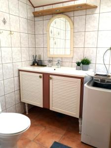 a bathroom with a sink and a toilet at Cosy cottage in a garden in Ishøj