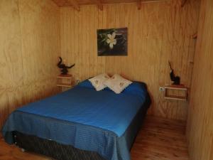 - une chambre avec un lit bleu dans une pièce dotée de murs en bois dans l'établissement Viña Don Heraldo, à De Cauquenes