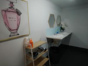 凯恩斯Mumma's Hostel Cairns的带水槽和镜子的浴室以及水槽