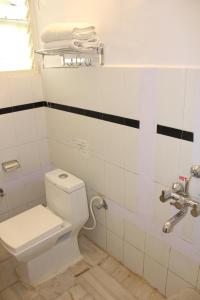 a bathroom with a white toilet and black and white tiles at Kaveri Hotel Bed & Breakfast in Mysore