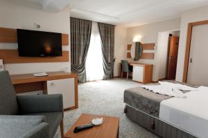 a hotel room with a bed and a chair and a tv at Mercia Hotels & Resorts in Buyukcekmece