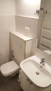 La salle de bains blanche est pourvue de toilettes et d'un lavabo. dans l'établissement Vier Jahreszeiten Haus 2 Whg 46, à Großenbrode