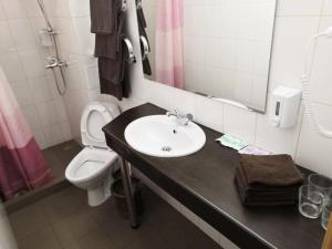 ein Badezimmer mit einem Waschbecken, einem WC und einem Spiegel in der Unterkunft Kievskaya Hotel on Kurskaya in Sankt Petersburg