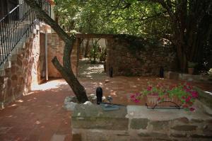 eine Terrasse mit einem Baum und ein paar Blumen in einem Topf in der Unterkunft Hostal Casa Masip in Ezcaray