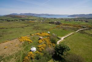 an aerial view of a field with yellow flowers at Portsalon Luxury Camping in Portsalon +25 photos