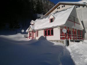 a house covered in snow with a pile of snow at Cabana Dara in Cumpăna
