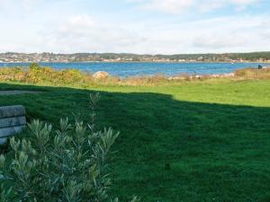 a field of green grass next to a body of water at 4 person holiday home in Ebeltoft in Ebeltoft