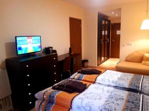 een slaapkamer met 2 bedden en een televisie op een dressoir bij Villa Park Studio&Double room in Borovets