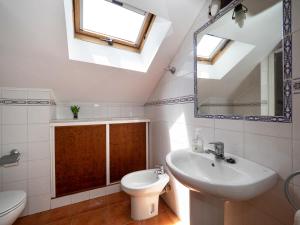 un bagno con lavandino, WC e specchio di Casa Coronas a El Pueyo de Araguás Altre 27 foto