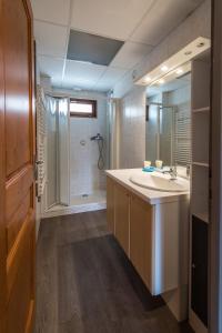 une salle de bains avec un lavabo blanc et une douche dans l'établissement Les Sorbiers Appartements, à Montricher-Albanne