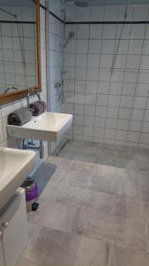 uma casa de banho com um chuveiro, um lavatório e um espelho. em Salzachblick em Salzburgo