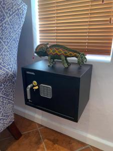 a toy dinosaur sitting on top of a black box at Bungalow by the sea near Cape Town in Kleinmond