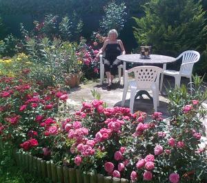 エゲルサロークにあるBrigitta vendégházの薔薇の庭のテーブルに座る女性