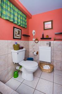 a bathroom with a toilet and a red wall at The Valley Oasis Inn in Saint Joseph