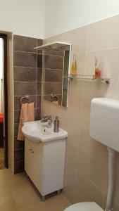 W łazience znajduje się umywalka, toaleta i lustro. w obiekcie Apartman Darja w mieście Umag