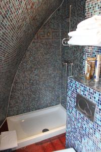 a bathroom with a shower with a tile wall at Metropol in Paris