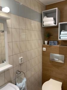 a bathroom with a toilet and a sink and towels at Kirchstraße 71 in Fell