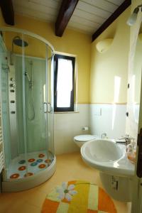a bathroom with a shower and a sink and a toilet at Il Casale Dei Ciliegi in SantʼOmero