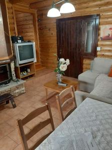 a living room with a couch and a tv at Wooden House in Veria in Tagarochórion