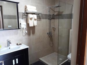 a bathroom with a glass shower and a sink at Acoya Curacao Resort, Villas & Spa in Willemstad