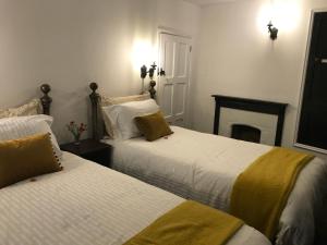a bedroom with two beds and a fireplace at "Wesley House" Historic home in town Centre with Parking in Shrewsbury