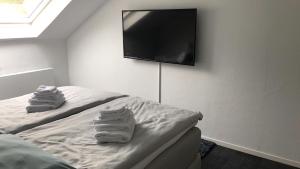 a room with two beds and a flat screen tv at FeWo Stryck Idyllika in Willingen