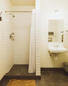 a bathroom with a shower, sink, and toilet at The Society Hotel in Portland