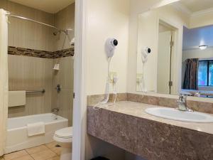 een badkamer met een wastafel, een toilet en een spiegel bij Monterey Oceanside Inn in Monterey
