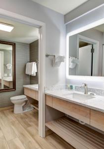 a bathroom with a sink and a toilet and a mirror at Hallmark Resort - Newport in Newport