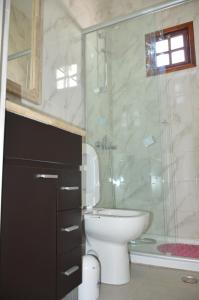 La salle de bains est pourvue de toilettes et d'une douche en verre. dans l'établissement Villa Bono, à Santa Clara del Mar