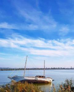 a boat sitting in the middle of the water at Studio 237 Port Camargue, Piscine, Climatisation, 2 personnes in Le Grau-du-Roi