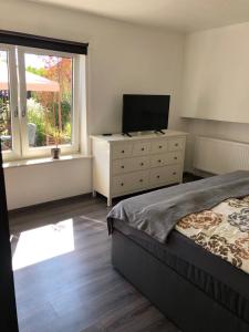 a bedroom with a bed and a dresser with a television at Sieben-Berge-Ferienwohnungen in Alfeld