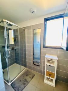 a bathroom with a shower and a glass shower stall at Appartement neuf tout confort en bord de mer in Propriano