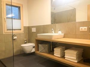 La salle de bains est pourvue d'un lavabo, de toilettes et d'un miroir. dans l'établissement Woodpecker Chalets, à Klösterle am Arlberg