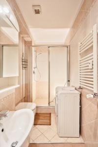 ein Badezimmer mit einem WC, einem Waschbecken und einem Koffer in der Unterkunft Piazza Statuto Elegant Apartment in Turin